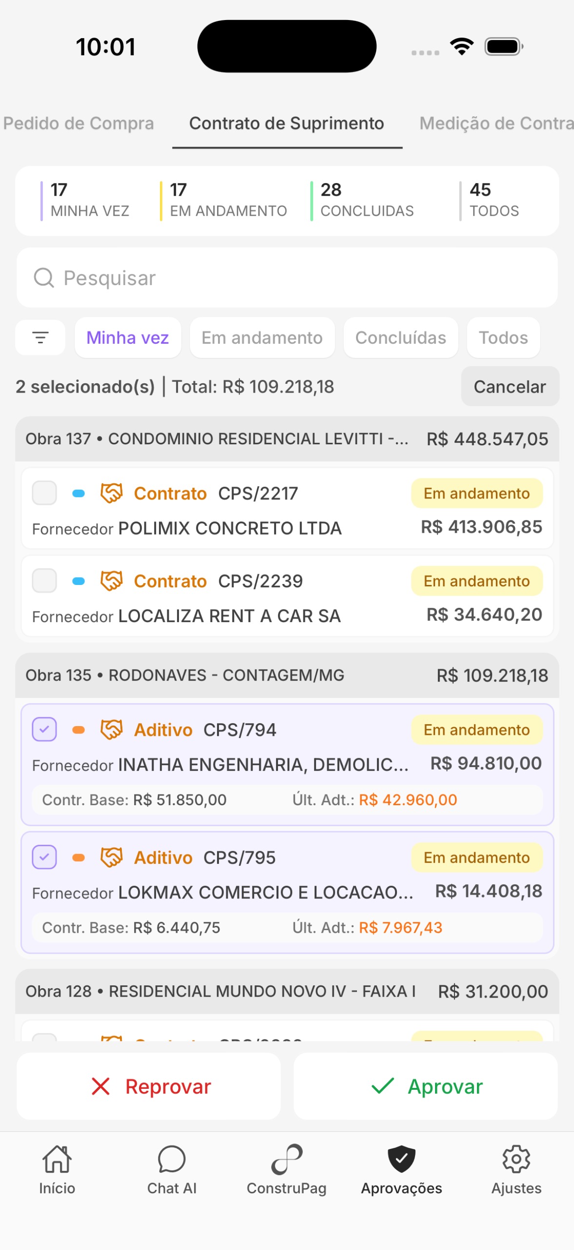 Lista de aprovações no app