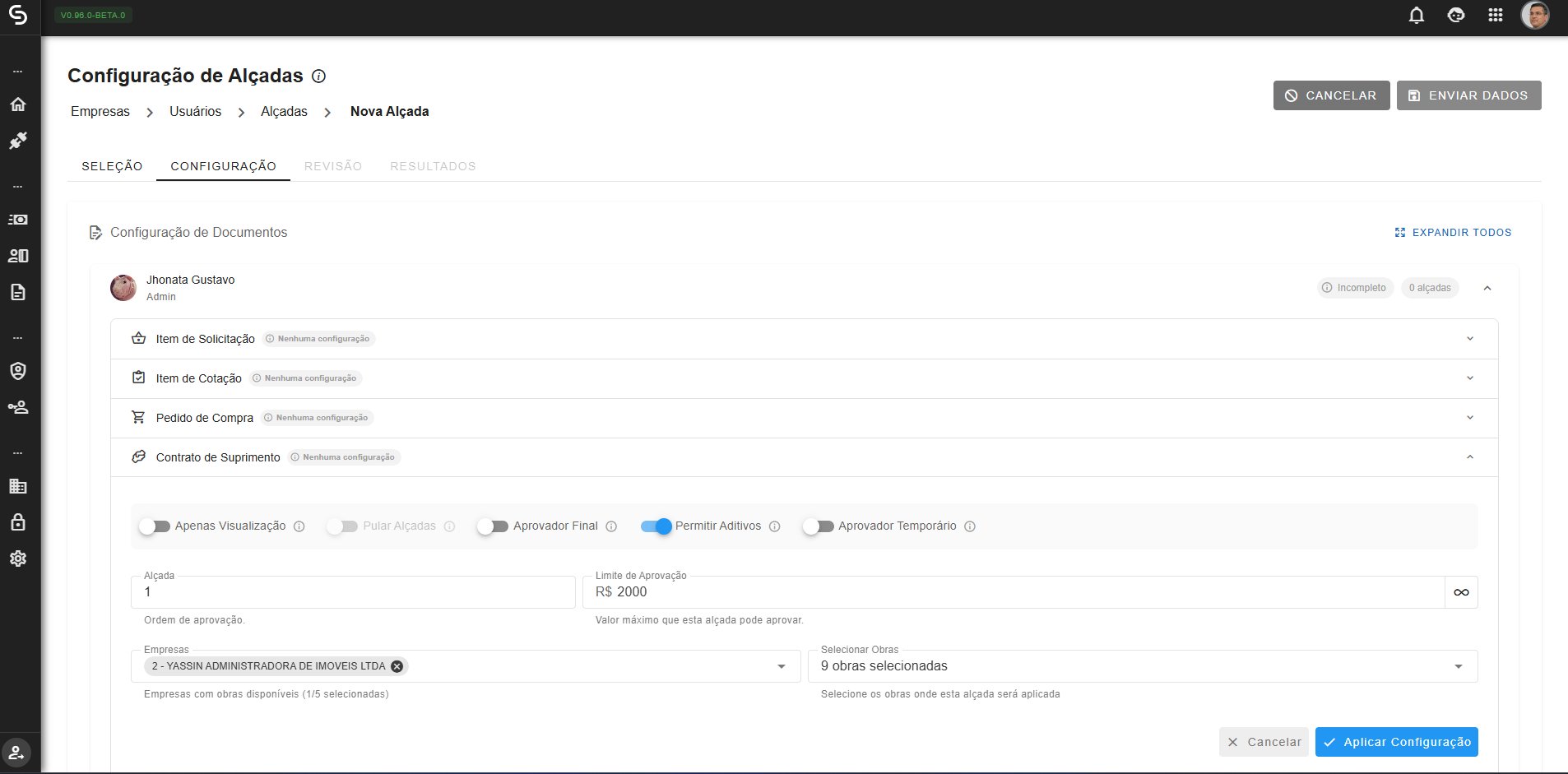 Tela de configuração de documentos e limites
